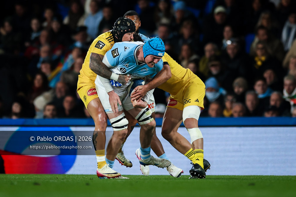 Arthur Iturria, lors du match de Top 14 entre l'Aviron bayonnais et le Stade rochelais, le 28 mars 2026 au stade Anoeta de Saint-Sébastien, Espagne (Photo Pablo ORDAS)