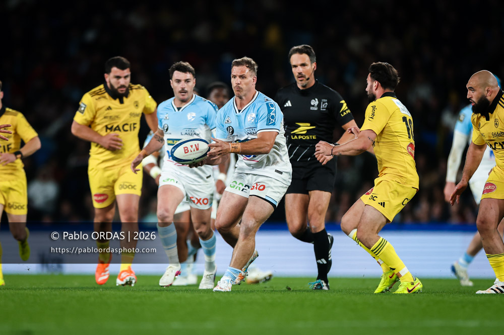 Facundo Bosch, lors du match de Top 14 entre l'Aviron bayonnais et le Stade rochelais, le 28 mars 2026 au stade Anoeta de Saint-Sébastien, Espagne (Photo Pablo ORDAS)