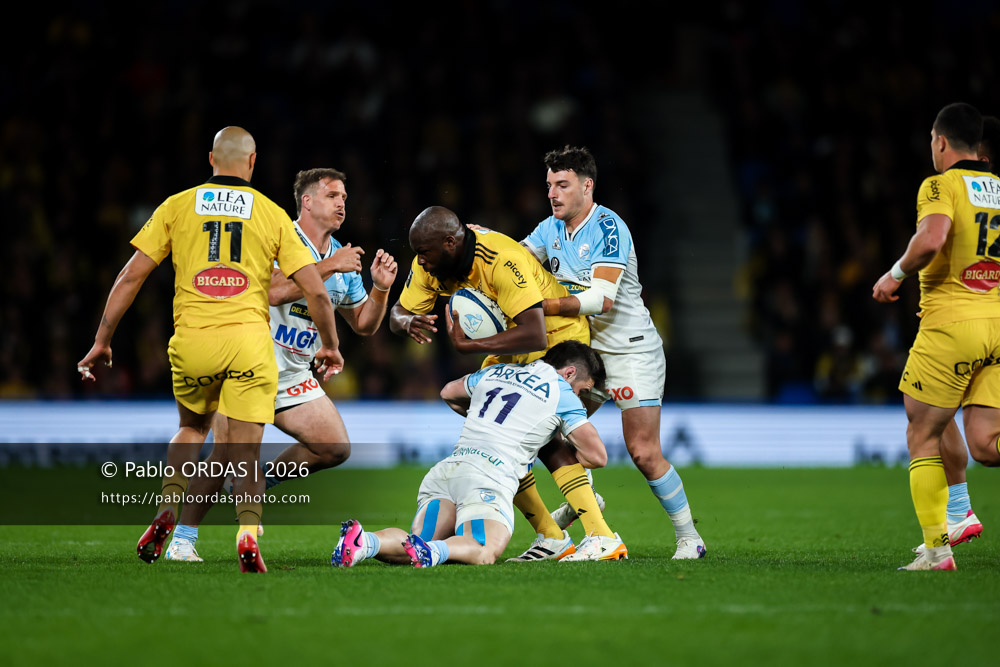 Judicaël Cancoriet, lors du match de Top 14 entre l'Aviron bayonnais et le Stade rochelais, le 28 mars 2026 au stade Anoeta de Saint-Sébastien, Espagne (Photo Pablo ORDAS)