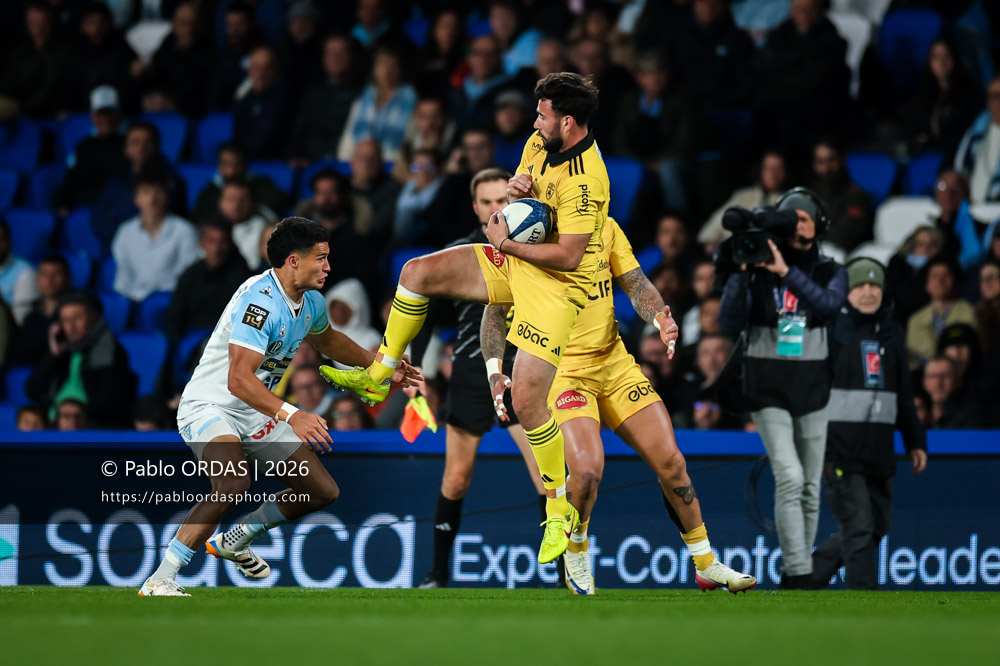 Antoine Hastoy, lors du match de Top 14 entre l'Aviron bayonnais et le Stade rochelais, le 28 mars 2026 au stade Anoeta de Saint-Sébastien, Espagne (Photo Pablo ORDAS)