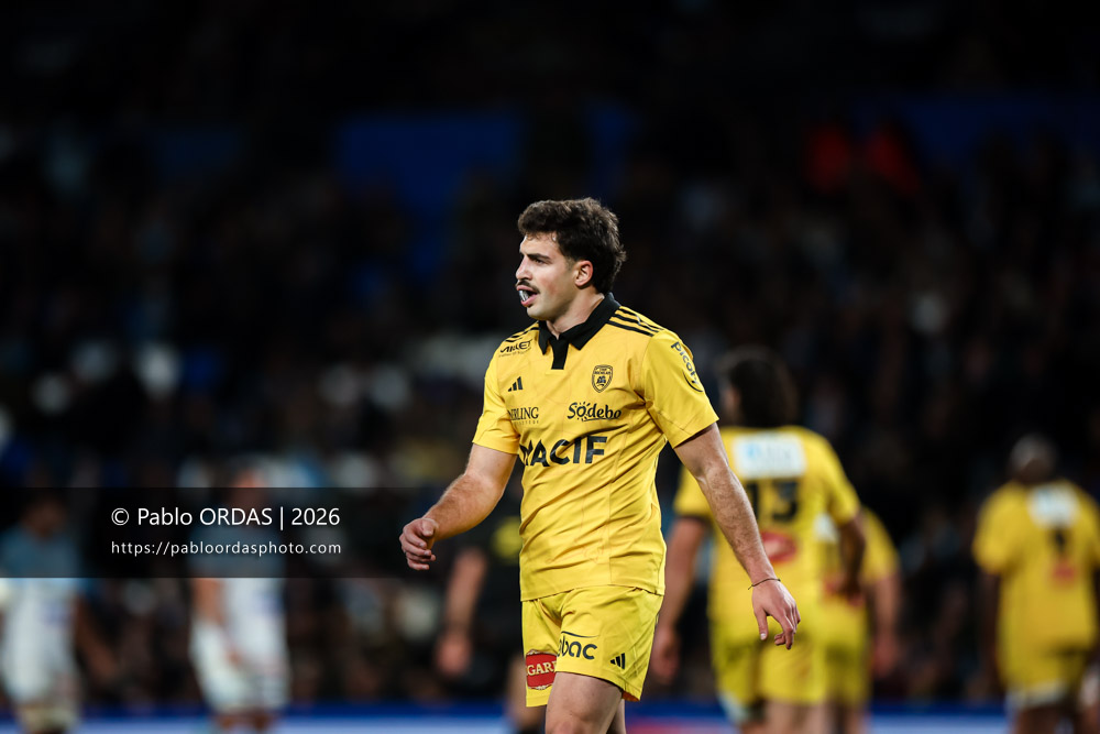 Davit Niniashvili, lors du match de Top 14 entre l'Aviron bayonnais et le Stade rochelais, le 28 mars 2026 au stade Anoeta de Saint-Sébastien, Espagne (Photo Pablo ORDAS)