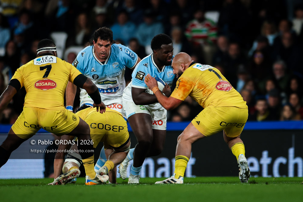 Andy Bordelai, lors du match de Top 14 entre l'Aviron bayonnais et le Stade rochelais, le 28 mars 2026 au stade Anoeta de Saint-Sébastien, Espagne (Photo Pablo ORDAS)