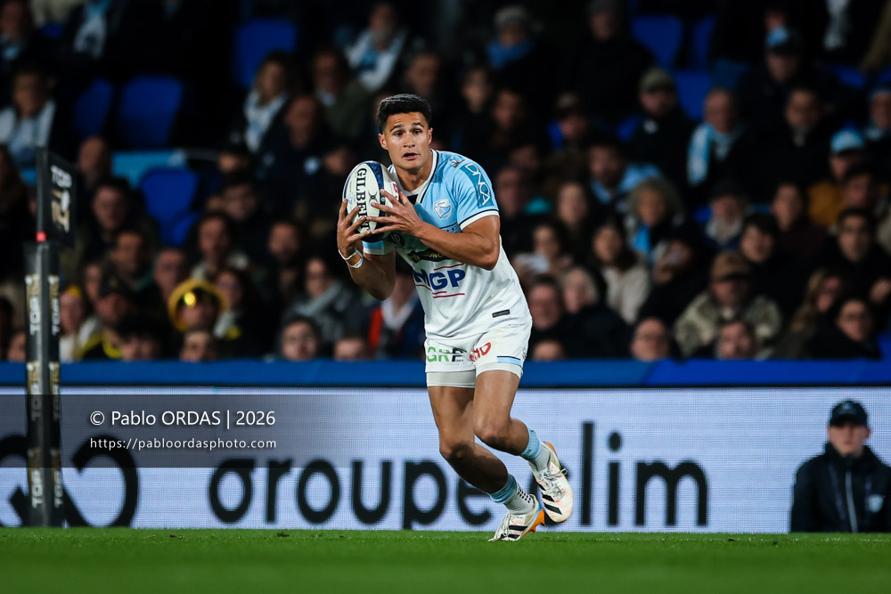 Tom Spring, lors du match de Top 14 entre l'Aviron bayonnais et le Stade rochelais, le 28 mars 2026 au stade Anoeta de Saint-Sébastien, Espagne (Photo Pablo ORDAS)