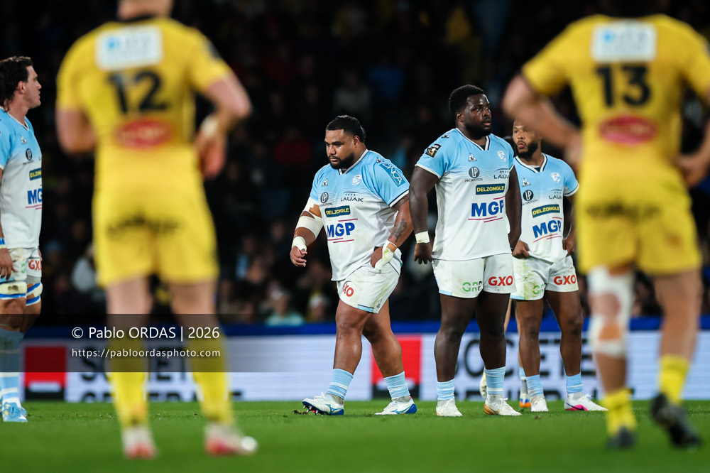 Tevite Tatafu, lors du match de Top 14 entre l'Aviron bayonnais et le Stade rochelais, le 28 mars 2026 au stade Anoeta de Saint-Sébastien, Espagne (Photo Pablo ORDAS)