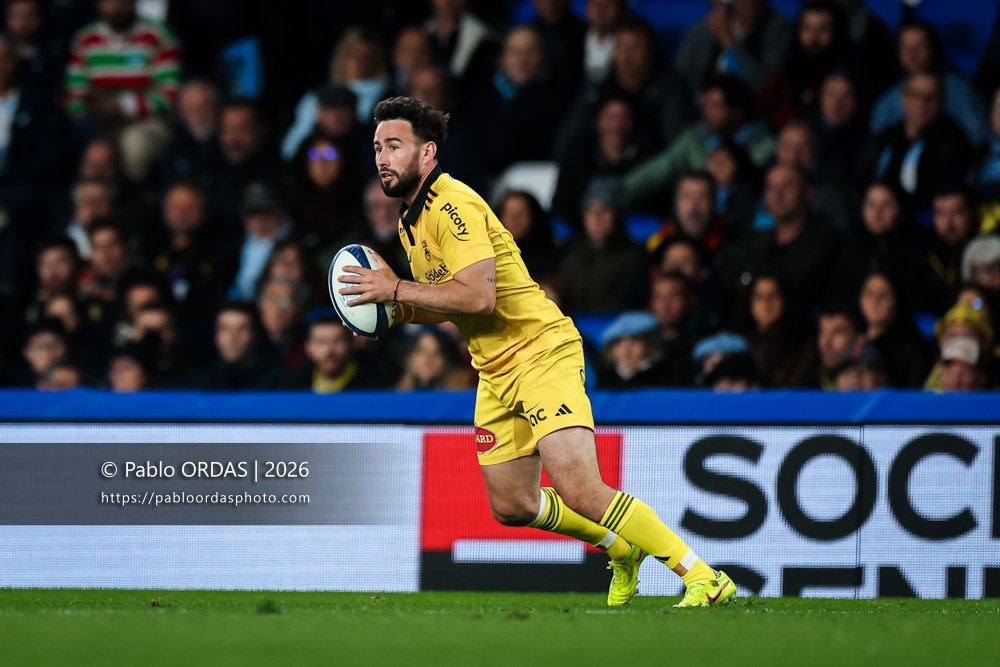 Antoine Hastoy, lors du match de Top 14 entre l'Aviron bayonnais et le Stade rochelais, le 28 mars 2026 au stade Anoeta de Saint-Sébastien, Espagne (Photo Pablo ORDAS)
