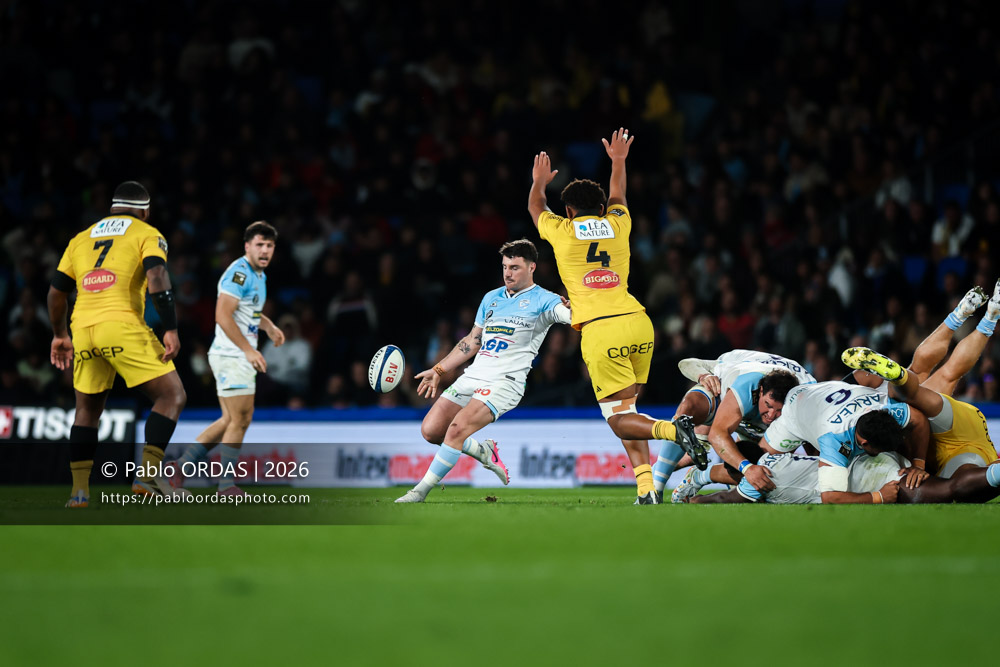 Baptiste Germain, lors du match de Top 14 entre l'Aviron bayonnais et le Stade rochelais, le 28 mars 2026 au stade Anoeta de Saint-Sébastien, Espagne (Photo Pablo ORDAS)