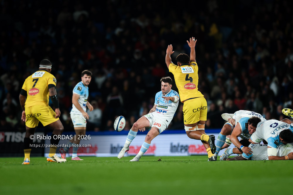 Baptiste Germain, lors du match de Top 14 entre l'Aviron bayonnais et le Stade rochelais, le 28 mars 2026 au stade Anoeta de Saint-Sébastien, Espagne (Photo Pablo ORDAS)