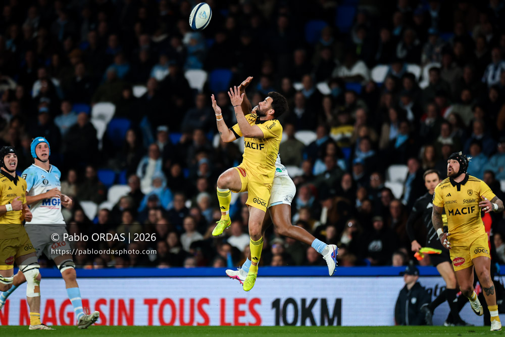 Antoine Hastoy, lors du match de Top 14 entre l'Aviron bayonnais et le Stade rochelais, le 28 mars 2026 au stade Anoeta de Saint-Sébastien, Espagne (Photo Pablo ORDAS)