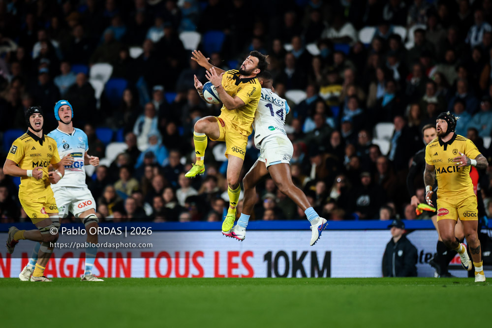 Antoine Hastoy, lors du match de Top 14 entre l'Aviron bayonnais et le Stade rochelais, le 28 mars 2026 au stade Anoeta de Saint-Sébastien, Espagne (Photo Pablo ORDAS)