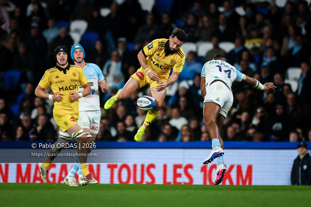 Antoine Hastoy, lors du match de Top 14 entre l'Aviron bayonnais et le Stade rochelais, le 28 mars 2026 au stade Anoeta de Saint-Sébastien, Espagne (Photo Pablo ORDAS)