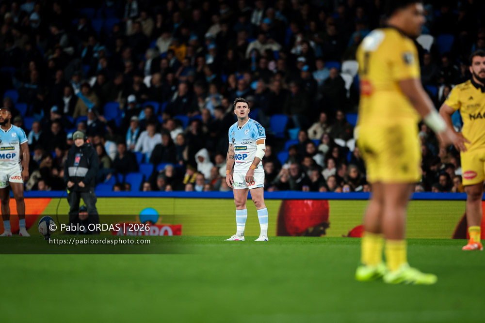Baptiste Germain, lors du match de Top 14 entre l'Aviron bayonnais et le Stade rochelais, le 28 mars 2026 au stade Anoeta de Saint-Sébastien, Espagne (Photo Pablo ORDAS)