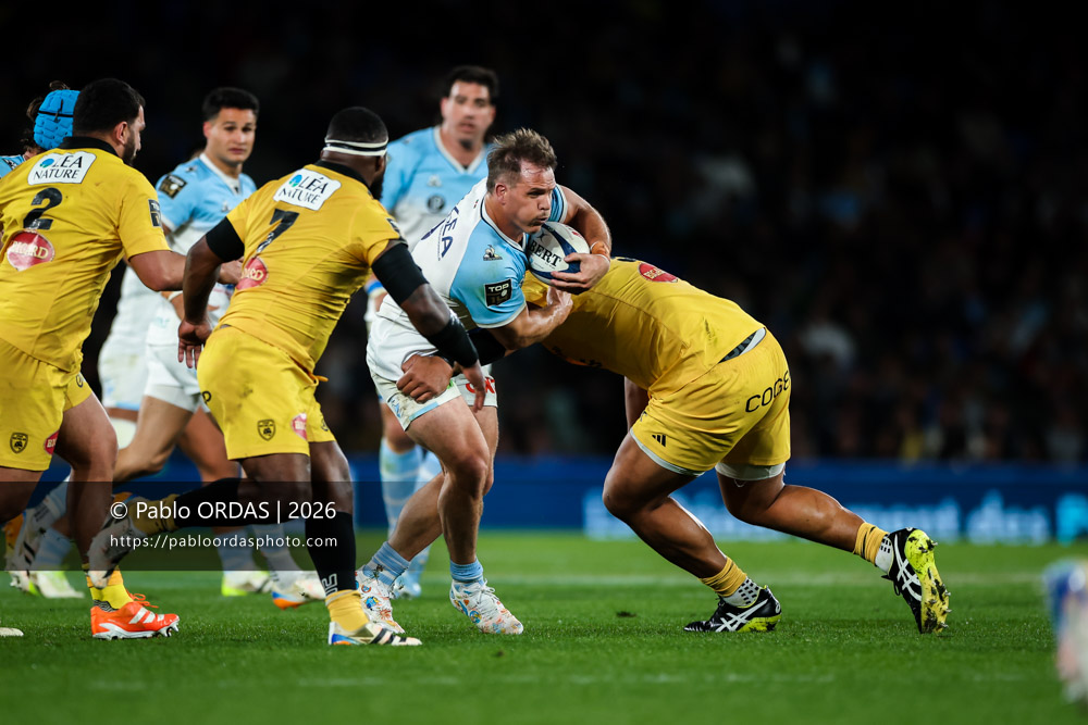 Facundo Bosch, lors du match de Top 14 entre l'Aviron bayonnais et le Stade rochelais, le 28 mars 2026 au stade Anoeta de Saint-Sébastien, Espagne (Photo Pablo ORDAS)
