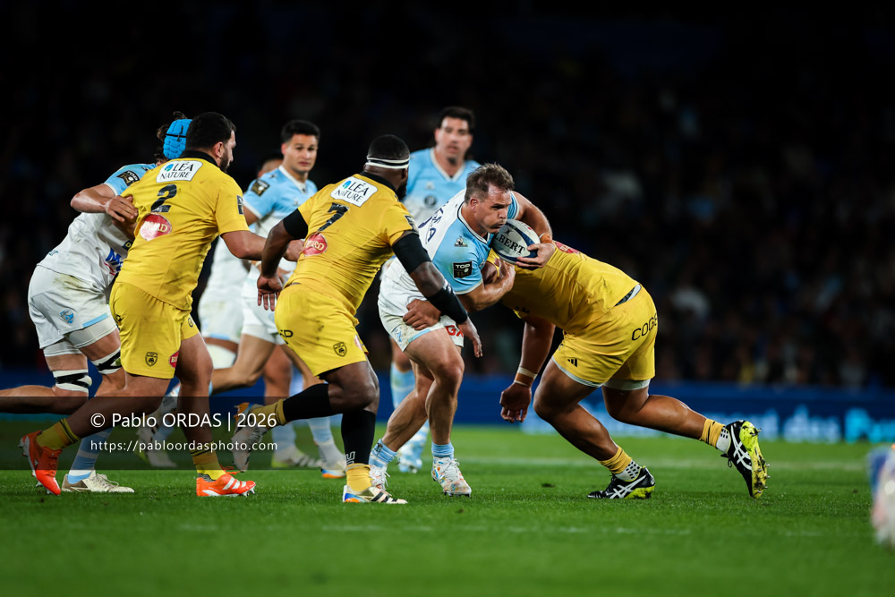 Facundo Bosch, lors du match de Top 14 entre l'Aviron bayonnais et le Stade rochelais, le 28 mars 2026 au stade Anoeta de Saint-Sébastien, Espagne (Photo Pablo ORDAS)