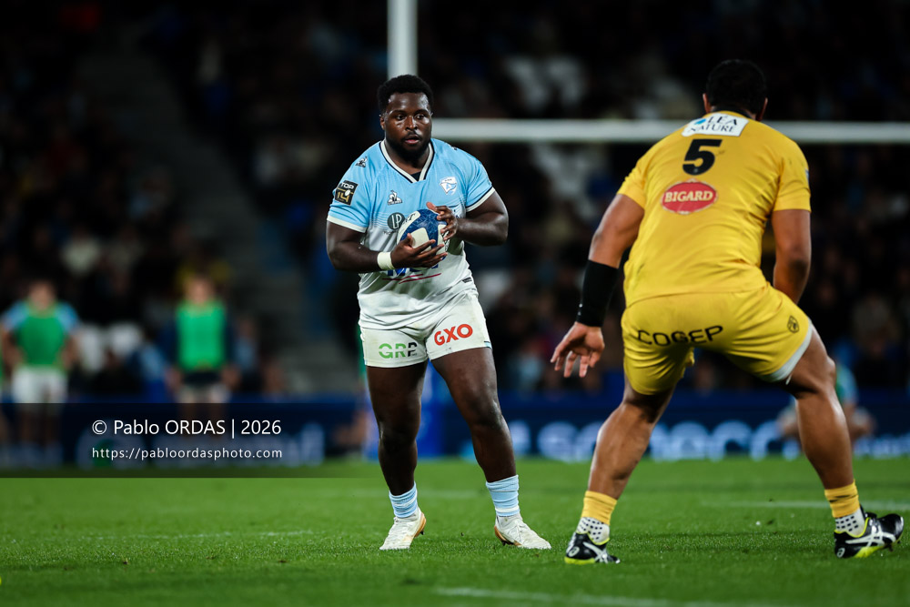 Andy Bordelai, lors du match de Top 14 entre l'Aviron bayonnais et le Stade rochelais, le 28 mars 2026 au stade Anoeta de Saint-Sébastien, Espagne (Photo Pablo ORDAS)