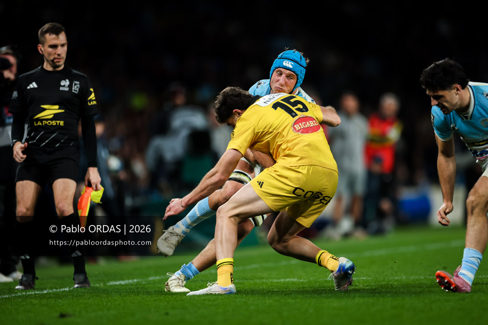 Baptiste Chouzenoux, lors du match de Top 14 entre l'Aviron bayonnais et le Stade rochelais, le 28 mars 2026 au stade Anoeta de Saint-Sébastien, Espagne (Photo Pablo ORDAS)