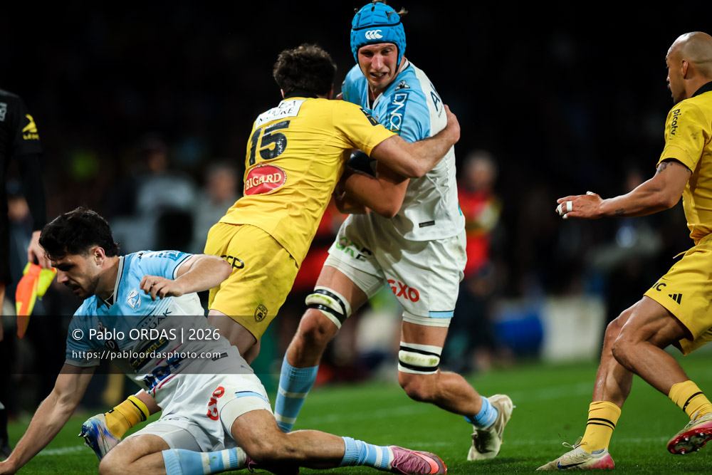 Baptiste Chouzenoux, lors du match de Top 14 entre l'Aviron bayonnais et le Stade rochelais, le 28 mars 2026 au stade Anoeta de Saint-Sébastien, Espagne (Photo Pablo ORDAS)