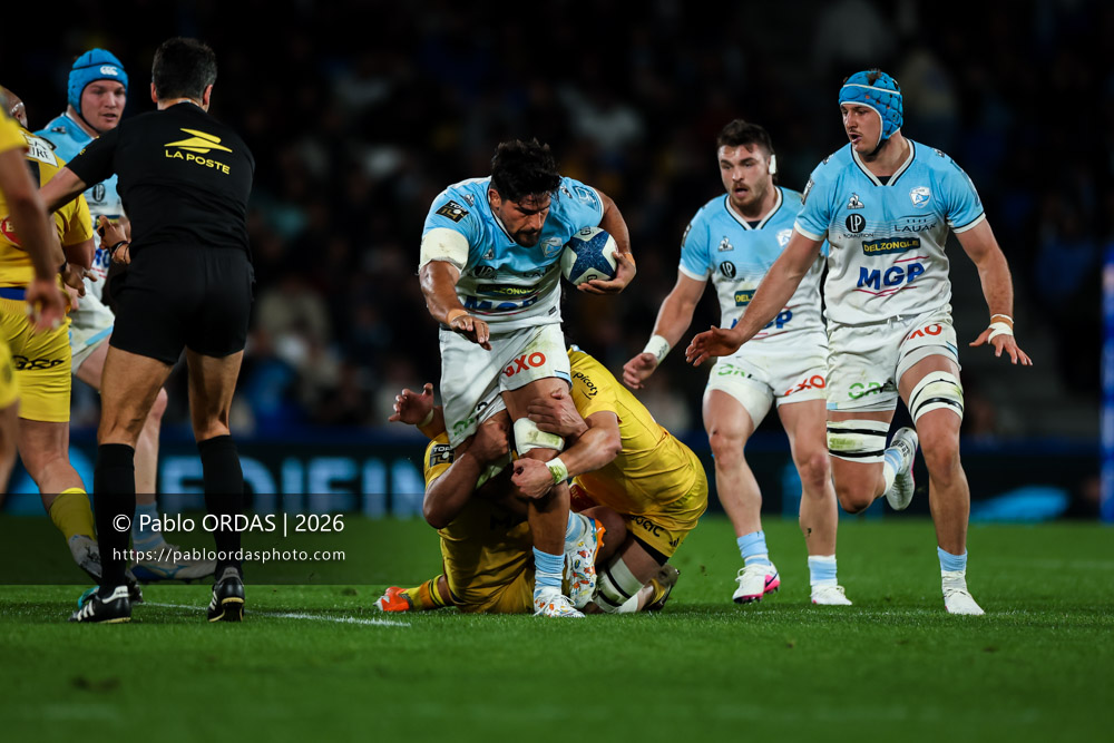 Rodrigo Bruni, lors du match de Top 14 entre l'Aviron bayonnais et le Stade rochelais, le 28 mars 2026 au stade Anoeta de Saint-Sébastien, Espagne (Photo Pablo ORDAS)