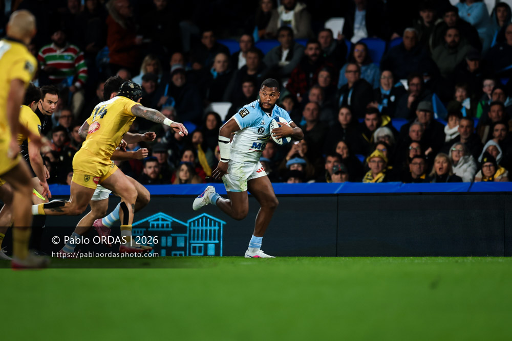Cheikh Tiberghien, lors du match de Top 14 entre l'Aviron bayonnais et le Stade rochelais, le 28 mars 2026 au stade Anoeta de Saint-Sébastien, Espagne (Photo Pablo ORDAS)