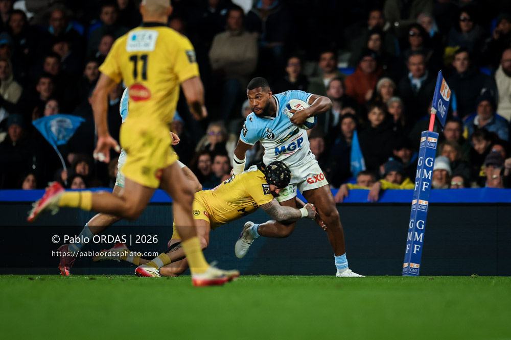 Cheikh Tiberghien, lors du match de Top 14 entre l'Aviron bayonnais et le Stade rochelais, le 28 mars 2026 au stade Anoeta de Saint-Sébastien, Espagne (Photo Pablo ORDAS)