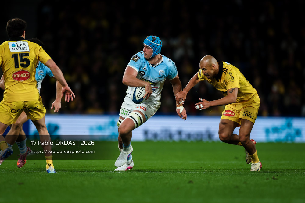Esteban Capilla, lors du match de Top 14 entre l'Aviron bayonnais et le Stade rochelais, le 28 mars 2026 au stade Anoeta de Saint-Sébastien, Espagne (Photo Pablo ORDAS)