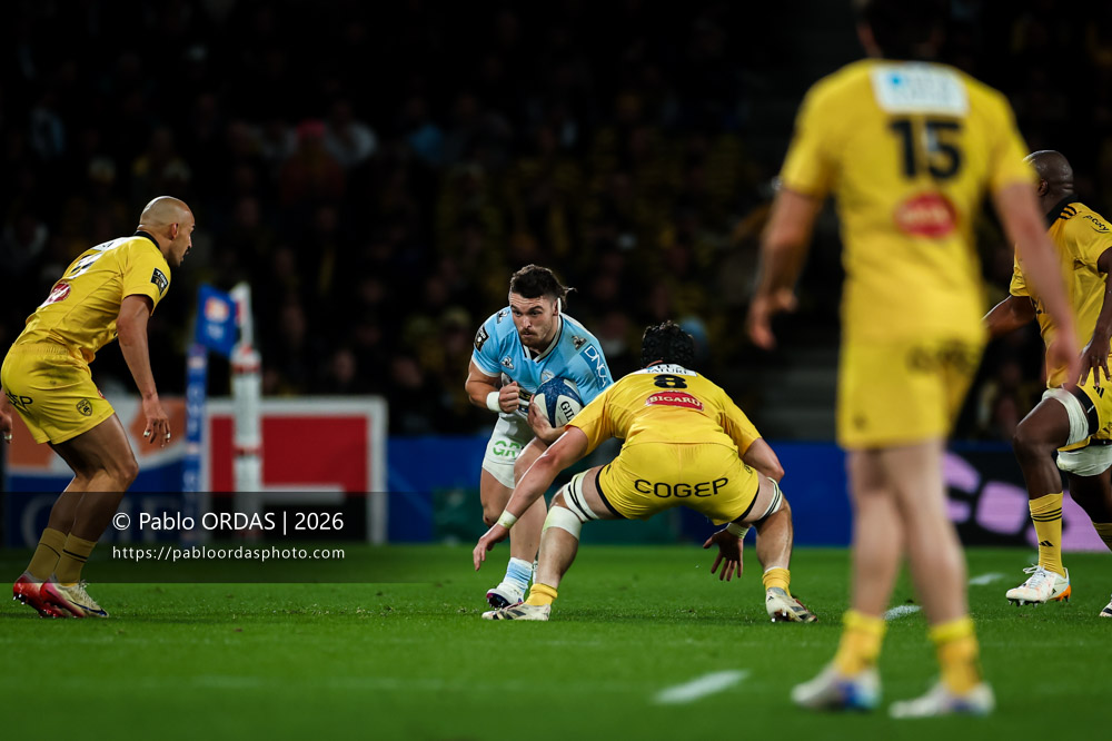 Mateo Carreras, lors du match de Top 14 entre l'Aviron bayonnais et le Stade rochelais, le 28 mars 2026 au stade Anoeta de Saint-Sébastien, Espagne (Photo Pablo ORDAS)