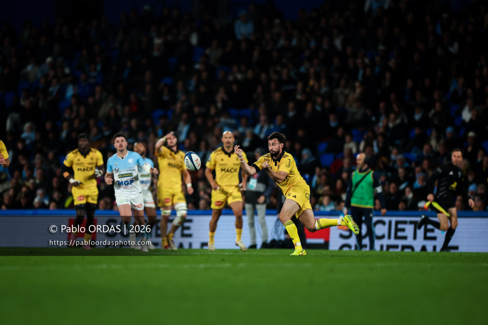 Antoine Hastoy, lors du match de Top 14 entre l'Aviron bayonnais et le Stade rochelais, le 28 mars 2026 au stade Anoeta de Saint-Sébastien, Espagne (Photo Pablo ORDAS)