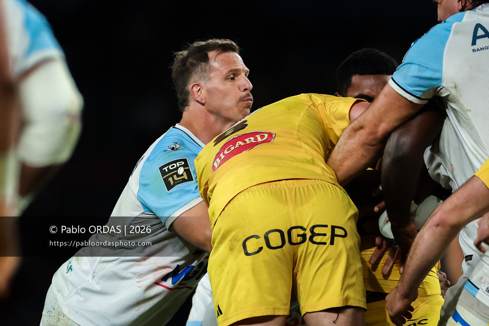 Facundo Bosch, lors du match de Top 14 entre l'Aviron bayonnais et le Stade rochelais, le 28 mars 2026 au stade Anoeta de Saint-Sébastien, Espagne (Photo Pablo ORDAS)