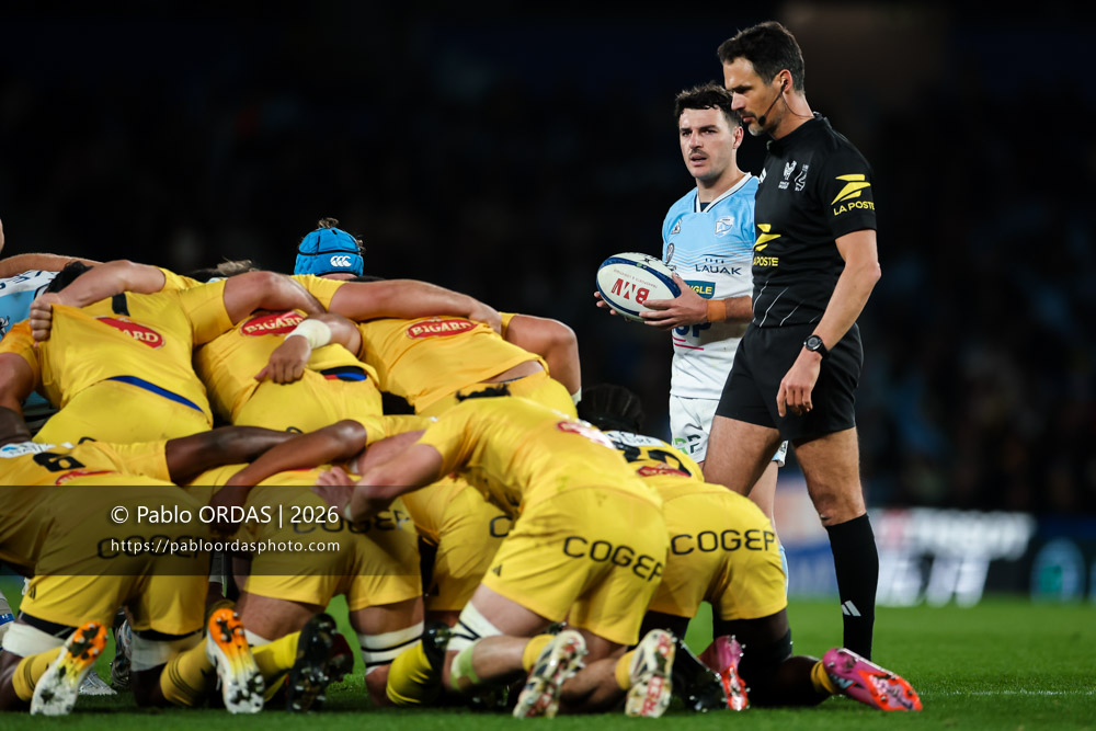 Baptiste Germain, lors du match de Top 14 entre l'Aviron bayonnais et le Stade rochelais, le 28 mars 2026 au stade Anoeta de Saint-Sébastien, Espagne (Photo Pablo ORDAS)