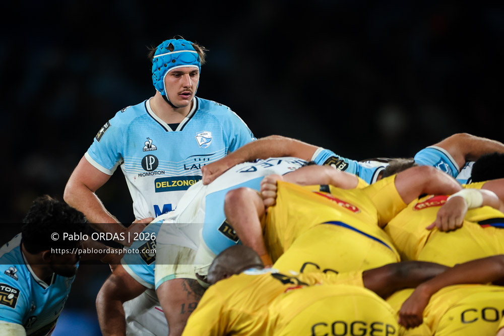 Esteban Capilla, lors du match de Top 14 entre l'Aviron bayonnais et le Stade rochelais, le 28 mars 2026 au stade Anoeta de Saint-Sébastien, Espagne (Photo Pablo ORDAS)