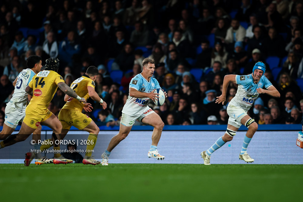 Facundo Bosch, lors du match de Top 14 entre l'Aviron bayonnais et le Stade rochelais, le 28 mars 2026 au stade Anoeta de Saint-Sébastien, Espagne (Photo Pablo ORDAS)