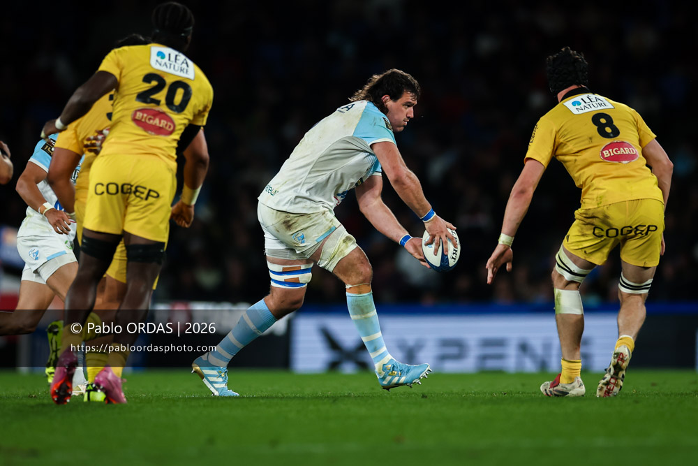 Lucas Paulos, lors du match de Top 14 entre l'Aviron bayonnais et le Stade rochelais, le 28 mars 2026 au stade Anoeta de Saint-Sébastien, Espagne (Photo Pablo ORDAS)