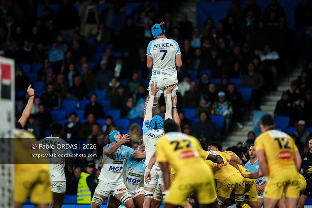 Baptiste Chouzenoux, lors du match de Top 14 entre l'Aviron bayonnais et le Stade rochelais, le 28 mars 2026 au stade Anoeta de Saint-Sébastien, Espagne (Photo Pablo ORDAS)