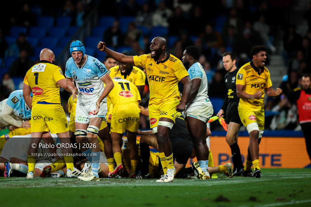 Judicaël Cancoriet, lors du match de Top 14 entre l'Aviron bayonnais et le Stade rochelais, le 28 mars 2026 au stade Anoeta de Saint-Sébastien, Espagne (Photo Pablo ORDAS)