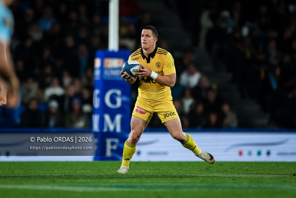 Adrien Séguret, lors du match de Top 14 entre l'Aviron bayonnais et le Stade rochelais, le 28 mars 2026 au stade Anoeta de Saint-Sébastien, Espagne (Photo Pablo ORDAS)
