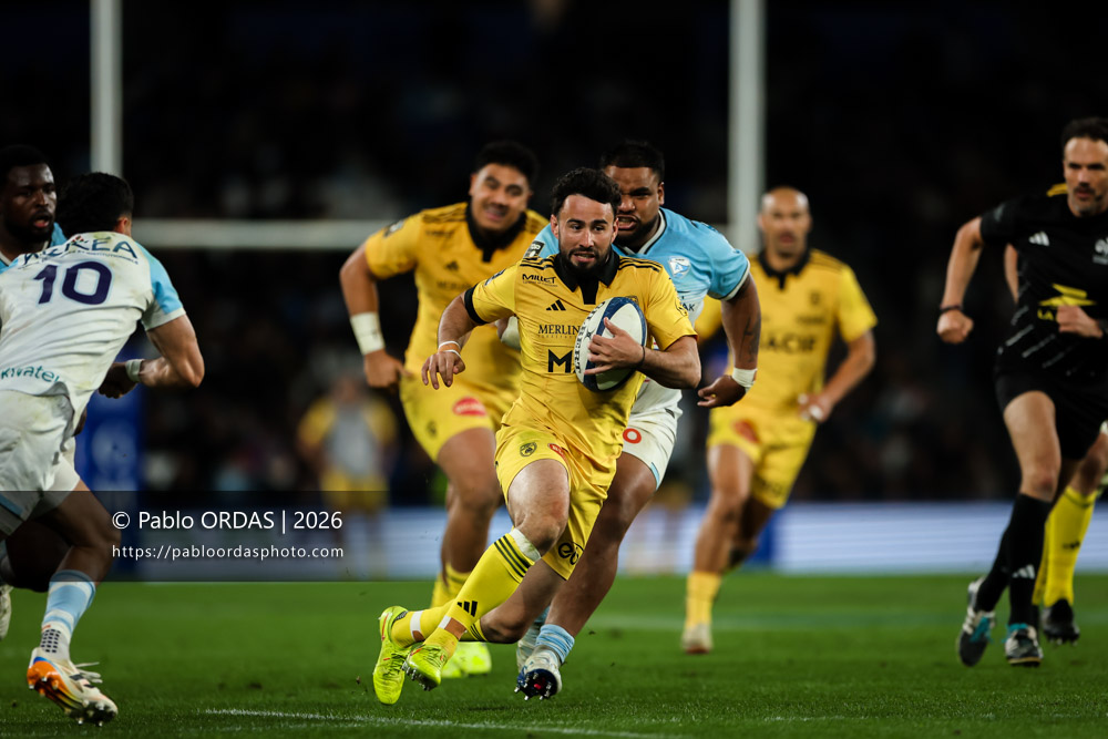Antoine Hastoy, lors du match de Top 14 entre l'Aviron bayonnais et le Stade rochelais, le 28 mars 2026 au stade Anoeta de Saint-Sébastien, Espagne (Photo Pablo ORDAS)