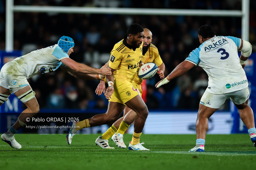 Semi Lagivala, lors du match de Top 14 entre l'Aviron bayonnais et le Stade rochelais, le 28 mars 2026 au stade Anoeta de Saint-Sébastien, Espagne (Photo Pablo ORDAS)