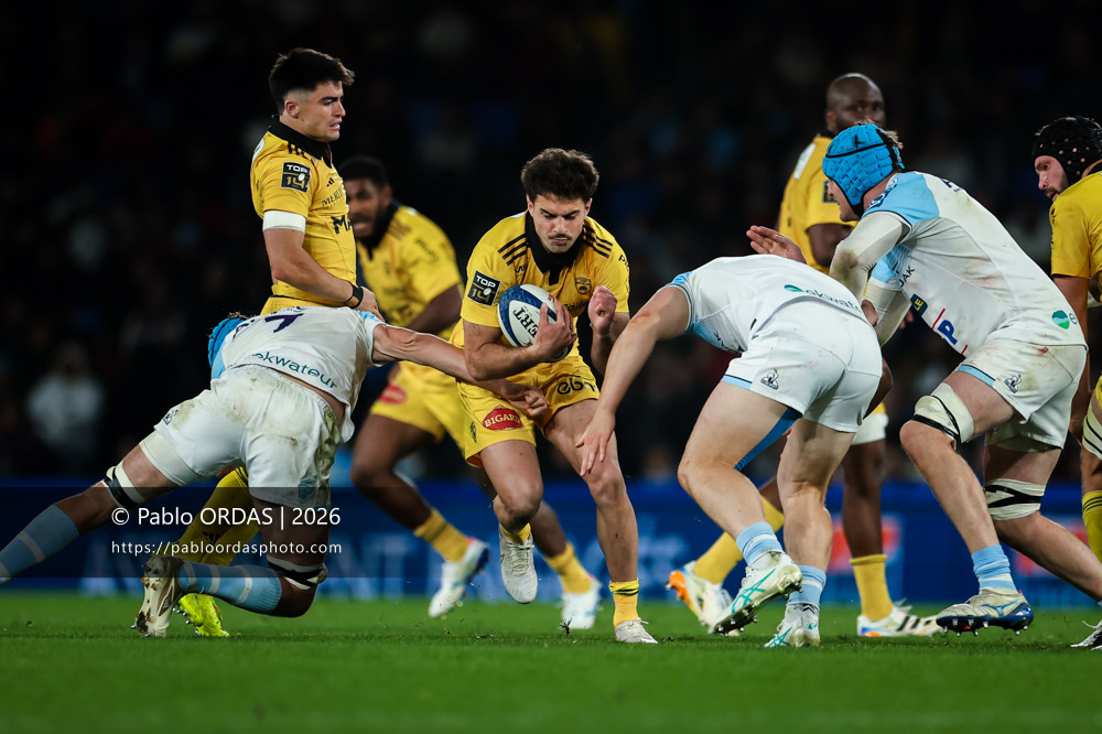 Davit Niniashvili, lors du match de Top 14 entre l'Aviron bayonnais et le Stade rochelais, le 28 mars 2026 au stade Anoeta de Saint-Sébastien, Espagne (Photo Pablo ORDAS)