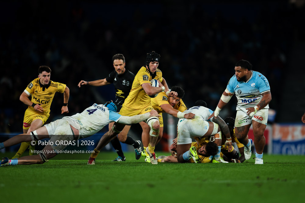 Matthias Haddad, lors du match de Top 14 entre l'Aviron bayonnais et le Stade rochelais, le 28 mars 2026 au stade Anoeta de Saint-Sébastien, Espagne (Photo Pablo ORDAS)