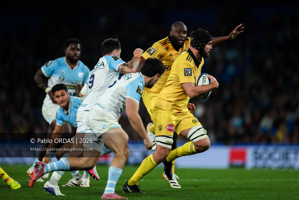 Thomas Lavault, lors du match de Top 14 entre l'Aviron bayonnais et le Stade rochelais, le 28 mars 2026 au stade Anoeta de Saint-Sébastien, Espagne (Photo Pablo ORDAS)