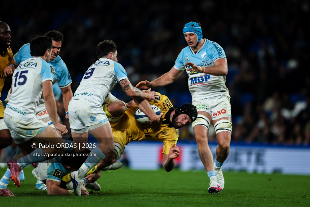 Thomas Lavault, lors du match de Top 14 entre l'Aviron bayonnais et le Stade rochelais, le 28 mars 2026 au stade Anoeta de Saint-Sébastien, Espagne (Photo Pablo ORDAS)