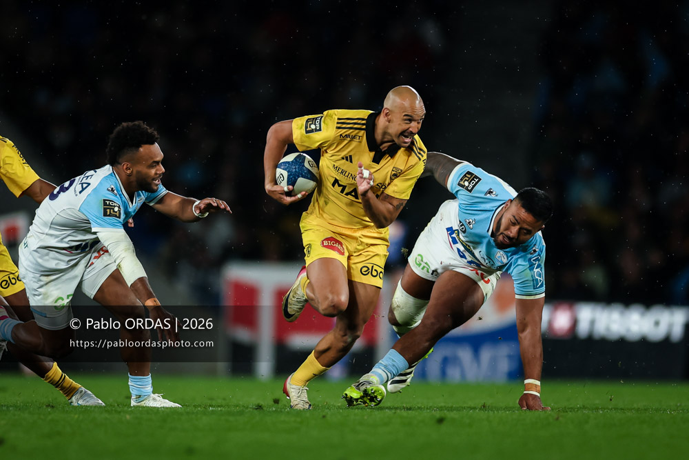 Dillyn Leids, lors du match de Top 14 entre l'Aviron bayonnais et le Stade rochelais, le 28 mars 2026 au stade Anoeta de Saint-Sébastien, Espagne (Photo Pablo ORDAS)