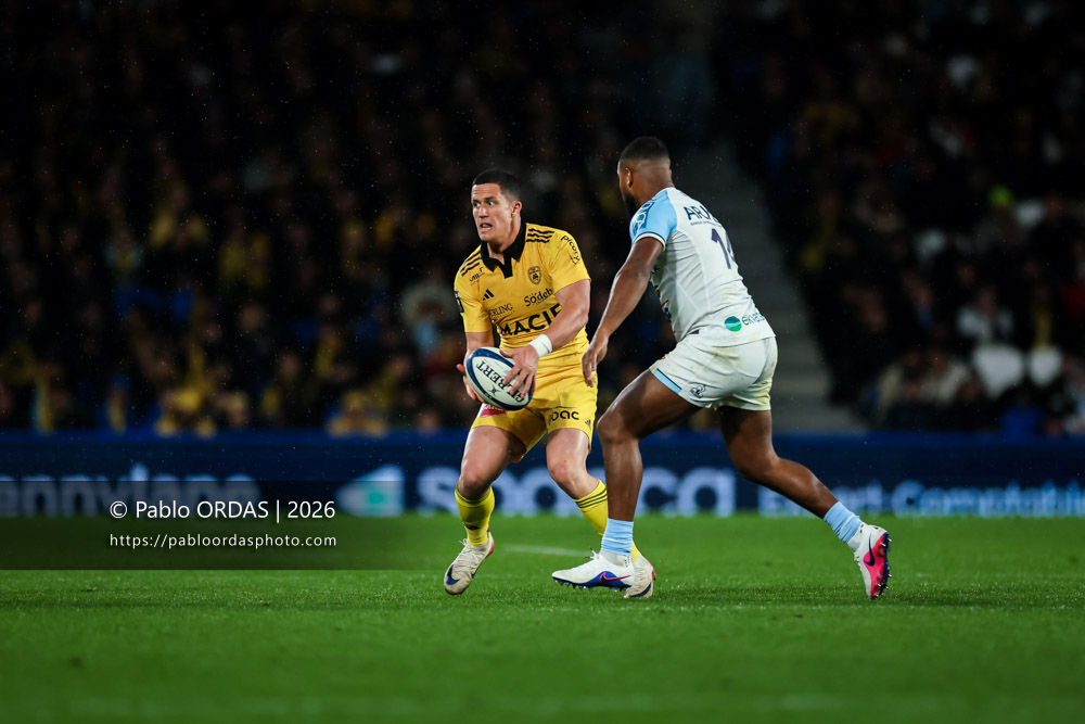 Adrien Séguret, lors du match de Top 14 entre l'Aviron bayonnais et le Stade rochelais, le 28 mars 2026 au stade Anoeta de Saint-Sébastien, Espagne (Photo Pablo ORDAS)