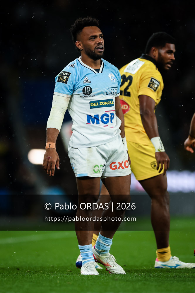 Sireli Maqala, lors du match de Top 14 entre l'Aviron bayonnais et le Stade rochelais, le 28 mars 2026 au stade Anoeta de Saint-Sébastien, Espagne (Photo Pablo ORDAS)