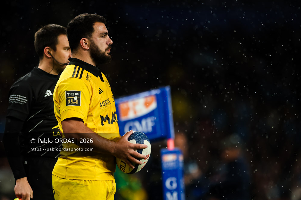 Nika Sutidze, lors du match de Top 14 entre l'Aviron bayonnais et le Stade rochelais, le 28 mars 2026 au stade Anoeta de Saint-Sébastien, Espagne (Photo Pablo ORDAS)