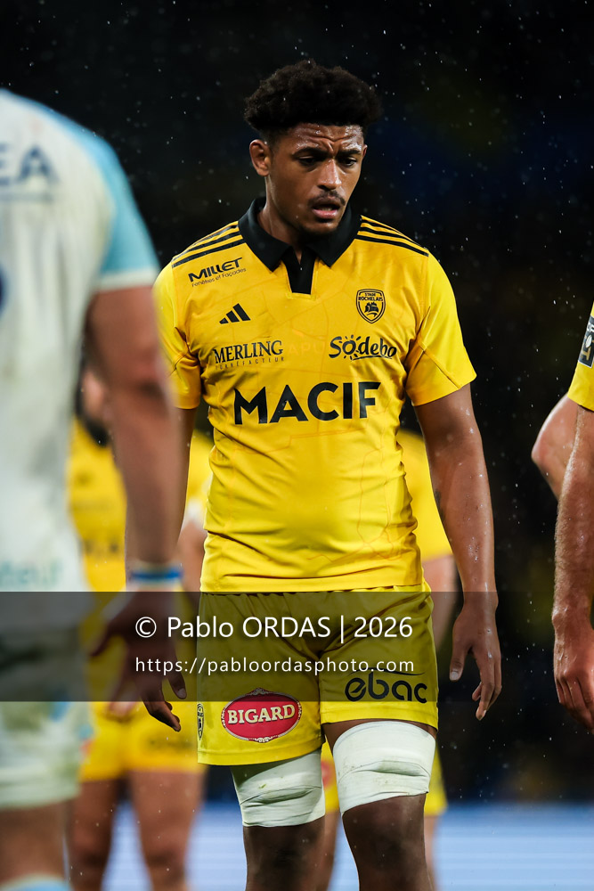 Charles Kanté-Samba, lors du match de Top 14 entre l'Aviron bayonnais et le Stade rochelais, le 28 mars 2026 au stade Anoeta de Saint-Sébastien, Espagne (Photo Pablo ORDAS)