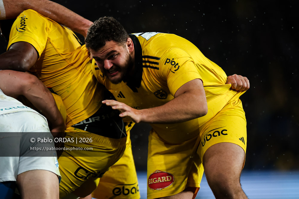 Aleksandre Kuntelia, lors du match de Top 14 entre l'Aviron bayonnais et le Stade rochelais, le 28 mars 2026 au stade Anoeta de Saint-Sébastien, Espagne (Photo Pablo ORDAS)