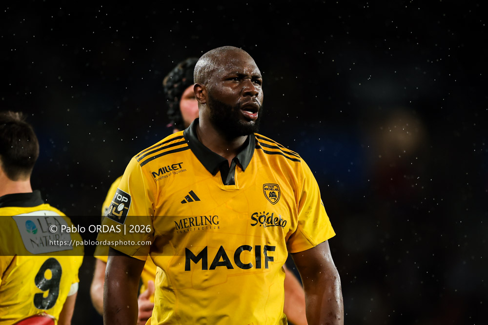 Judicaël Cancoriet, lors du match de Top 14 entre l'Aviron bayonnais et le Stade rochelais, le 28 mars 2026 au stade Anoeta de Saint-Sébastien, Espagne (Photo Pablo ORDAS)