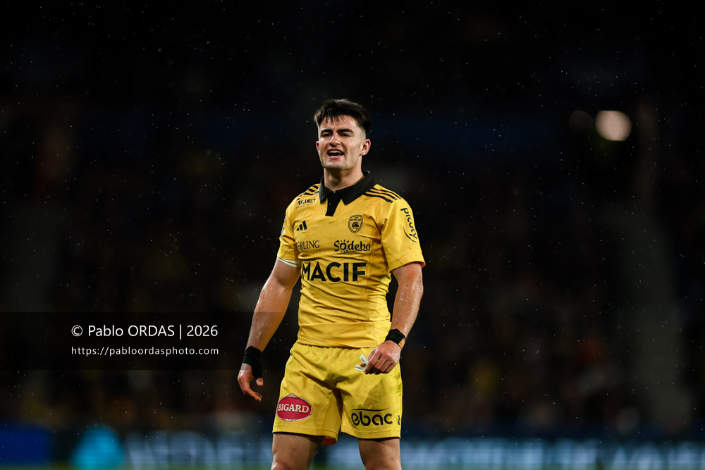 Nolann Le Garrec, lors du match de Top 14 entre l'Aviron bayonnais et le Stade rochelais, le 28 mars 2026 au stade Anoeta de Saint-Sébastien, Espagne (Photo Pablo ORDAS)