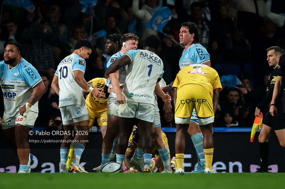 Lucas Martin, lors du match de Top 14 entre l'Aviron bayonnais et le Stade rochelais, le 28 mars 2026 au stade Anoeta de Saint-Sébastien, Espagne (Photo Pablo ORDAS)