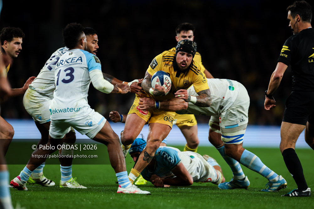 Jack Nowell, lors du match de Top 14 entre l'Aviron bayonnais et le Stade rochelais, le 28 mars 2026 au stade Anoeta de Saint-Sébastien, Espagne (Photo Pablo ORDAS)